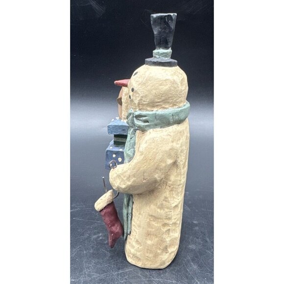 Greg Guedel Folk Art Snowman Holding Presents & Stocking 6.5” Christmas Signed - Picture 2 of 9